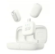 Ulanzi A30 wireless lavalier microphone kit with two transmitters and USB-C receiver, white charging case, top view of compact transmitters and receiver controlsUlanzi A30 wireless lavalier microphone kit with two transmitters and USB-C receiver, white charging case, top view of compact transmitters and receiver controls