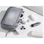 Ulanzi BP15 SeeClear Tech Pouch M 0.85L transparent waterproof organizer with double zipper compartments, open to reveal tech accessories like a smartphone, earbuds, and a USB drive