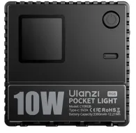 Ulanzi C01RGB 10W pocket-sized RGB LED light with USB-C charging port, front view showing control panel and battery specificationsUlanzi C01RGB 10W pocket-sized RGB LED light with USB-C charging port, front view showing control panel and battery specifications