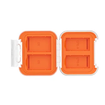 Ulanzi CC01 Mini Memory Card Case with custom silicone inserts for SD and CFexpress Type A cards, orange polycarbonate shell, latch closure, and attached lanyard - top view