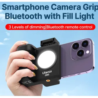 Ulanzi CG-02 smartphone camera grip with built-in LED fill light and Bluetooth remote control, featuring three brightness levels, attached to a smartphone for enhanced mobile photography