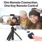 Ulanzi CG-02 smartphone grip with built-in LED fill light and Bluetooth remote control, showcasing a wireless 15m range and ergonomic design for stable mobile photography and vlogging.