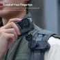 Ulanzi CK02 CKa quick-release backpack clip with GoPro-style camera securely mounted for one-handed use, showcasing fast gear swaps and dynamic shooting angles