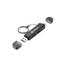 Ulanzi CR1 3-in-1 card reader with USB-C and USB-A ports, featuring SD and microSD card slots, protective dust caps, and a detachable lanyard for portable data transfer