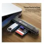 Ulanzi CR1 3-in-1 card reader with SD and microSD slots connected to a laptop for fast data transfer, featuring USB-C and USB-A ports