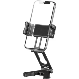 Ulanzi HP004 multifunctional crab tripod with smartphone securely mounted, showcasing dual cold shoe mounts and extended desktop stand legs