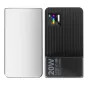 Панельная светодиодная лампа Ulanzi K20 RGB 20W с матовой серебристой передней панелью и текстурированной черной задней панелью, с цифровым дисплеем, показывающим RGB-режимы, уровень яркости и индикатор заряда батареи.