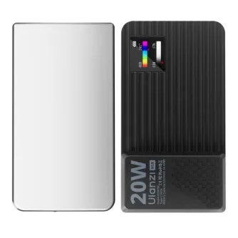 Ulanzi K20 RGB 20W video panel light featuring a sleek matte silver front and a textured black rear, with a digital display showing RGB modes, brightness level, and battery indicator.