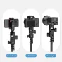Ulanzi LA04 compatible setup featuring a smartphone holder, DSLR camera, and video light all mounted on standard light stands for versatile photography and videography setups
