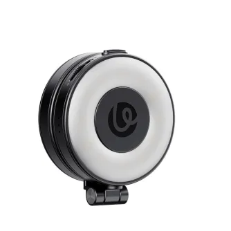 Ulanzi LM23 магнитный LED наполнительный свет для смартфонов с регулируемой цветовой температурой, спереди с магнитным креплением и кнопкой управления.