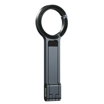 Ulanzi MA30 foldable smartphone tripod in dark gray, featuring a carabiner clip and dual magnetic sides for accessories, designed for MagSafe compatibility.