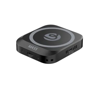 Ulanzi MA55 magnetic SSD enclosure with USB-C 3.2 Gen 2 ports, sleek black aluminum body, and circular magnetic attachment for NVMe SSDs.