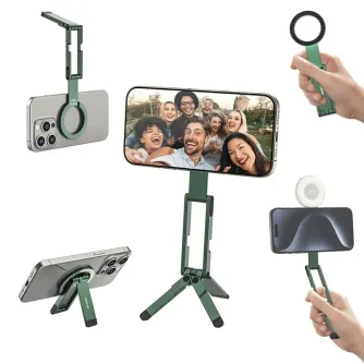 Ulanzi MA60 foldable magnetic phone tripod in green with magnetic ring and ring light attachment for vlogging and mobile photography