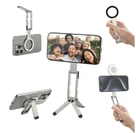 Ulanzi MA60 foldable magnetic phone tripod in silver, showcasing smartphone in vertical and horizontal shooting positions, with magnetic ring accessory for non-MagSafe devices.Ulanzi MA60 foldable magnetic phone tripod in silver, showcasing smartphone in vertical and horizontal shooting positions, with magnetic ring accessory for non-MagSafe devices.