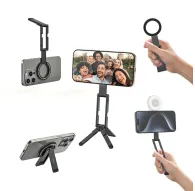 Ulanzi MA60 foldable magnetic phone tripod with strong 14N magnet in black, shown from multiple angles with smartphone attachment and magnetic ring accessory.Ulanzi MA60 foldable magnetic phone tripod with strong 14N magnet in black, shown from multiple angles with smartphone attachment and magnetic ring accessory.