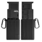 Ulanzi MCR-02 high-speed card reader case with open interior view showing organized storage for CFexpress, SD, and Micro SD cards, including card ejector and carabiner attachment