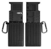 Ulanzi MCR-02 high-speed card reader case with open interior view showing organized storage for CFexpress, SD, and Micro SD cards, including card ejector and carabiner attachmentUlanzi MCR-02 high-speed card reader case with open interior view showing organized storage for CFexpress, SD, and Micro SD cards, including card ejector and carabiner attachment