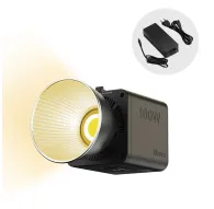 Ulanzi ML100RGB 100W pārvadājamais RGB LED video gaismas ierīce ar iebūvēto akumulatoru, priekšējais skats ar iedegtu atstarotāju un jaudas uzrakstuUlanzi ML100RGB 100W pārvadājamais RGB LED video gaismas ierīce ar iebūvēto akumulatoru, priekšējais skats ar iedegtu atstarotāju un jaudas uzrakstu