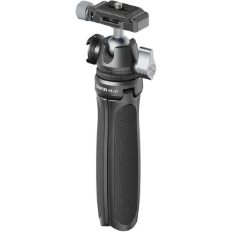 Ulanzi MT-47 compact tabletop tripod with Arca-Swiss quick-release ball head, extended for tabletop use, showcasing aluminum build and rotating cold shoe mount