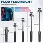 Ulanzi MT-73 extension pole tripod with adjustable height from 21cm to 56cm, featuring a 360-degree ball head and cold shoe mount for cameras and smartphones, demonstrating portability with an inset photo of the tripod attached 