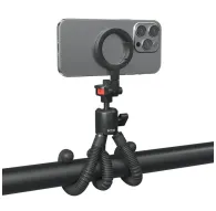 Ulanzi MT30 magnetic flexible tripod with smartphone securely mounted on magnetic holder, showcasing flexible legs and carabiner clip for travel-friendly useUlanzi MT30 magnetic flexible tripod with smartphone securely mounted on magnetic holder, showcasing flexible legs and carabiner clip for travel-friendly use
