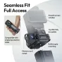 Ulanzi PK13 Uka paplašinājuma adapteris DJI Pocket 3 kamerai ar pilnu pieeju dizainu, demonstrējot gludo ekrāna rotāciju, joistiku, baterijas turētāju un atmiņas kartes saderību.