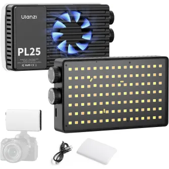Ulanzi PL25 25W LED video light panel with adjustable bi-color temperature, battery compartment, and included diffuser and USB-C charging cable for professional photography and videography
