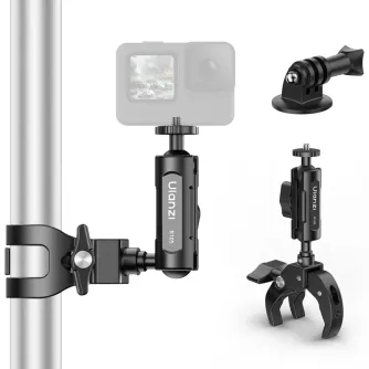 Ulanzi R105 Y Super Knaģis ar 360° divkula galvu un Y-formas rāmja klampu akcijas kamerām, demonstrējot modulāro uzbūvi ar GoPro stila piederumu