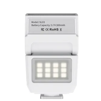 Ulanzi SL03 Spark Lite camera flash in white, front view showcasing the built-in LED panel and battery details.