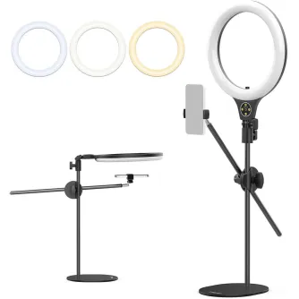 Ulanzi T1 10-inch overhead LED ring light with adjustable stand, smartphone holder, and three color temperature filters for versatile desktop vlogging and content creation