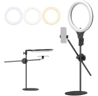 Ulanzi T1 10-inch overhead LED ring light with adjustable stand, smartphone holder, and three color temperature filters for versatile desktop vlogging and content creationUlanzi T1 10-inch overhead LED ring light with adjustable stand, smartphone holder, and three color temperature filters for versatile desktop vlogging and content creation