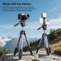 Ulanzi TT39 video tripod with pan/tilt head supporting a mirrorless camera and smartphone with LED light for outdoor vlogging and filming in scenic locations