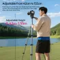 Ulanzi TT39 lightweight aluminum video tripod with adjustable height from 42 cm to 155 cm, featuring flip-lock sections for stable outdoor photography near a scenic lake and mountains.