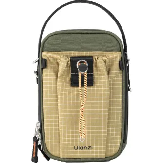 Ulanzi U Mini Phone Bag with padded interior, dual-zip access, front drawstring pocket, and secure magnetic card slot – compact smartphone and camera bag in olive and beige plaid