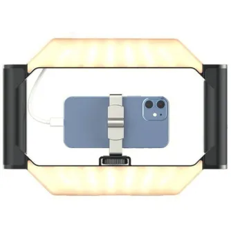 Ulanzi U-Rig стедикам для смартфона с бицветной LED-подсветкой, вид сверху с двумя рукоятками для стабилизации и включенными светодиодными панелями для мобильной видеосъемки