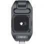 Ulanzi UKA07 quick-release clamp for backpack straps, featuring a dual-locking mechanism, top view, black aluminum design