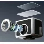 Ulanzi VF01 waist-level viewfinder with 28mm lens assembly and magnetic retro lens hood in exploded view, showcasing cold shoe mount compatibility and sleek aluminum design