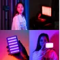 Ulanzi VIJIM VL120 RGB LED video light with OLED display and cold shoe mount, showcasing vibrant RGB effects in a creative lighting setup