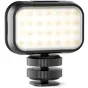 Ulanzi VL28 compact LED video light with built-in lithium battery, 28 LED daylight-balanced panel, front view showcasing illuminated LEDs for precise video and photography lighting