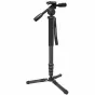 Varizoom CHICKENFOOT101 oglekļa šķiedras monopods ar 3-veida fluidu foto galvu, pilnībā izstiepts skats ar salokāmu zobenītu tripoda pamatu un skrūvējamiem fiksatoriem