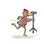 Playful cartoon chicken balancing on one leg while holding Varizoom CHICKENFOOT101 carbon fiber monopod with 3-way photo head for creative photography.