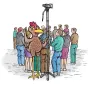 Монопод Varizoom CHICKENFOOT101 из углеволокна с фотоголовкой, на котором карикатурная курица держит камеру в живой уличной сцене с наблюдателями.