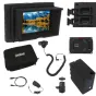 VariZoom VZ-M5 KIT 5-inch HDMI monitor with complete professional accessories: sunhood, Sony L-series battery, charger, swivel mount, HDMI cables, zoom remote, and carrying case