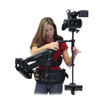 Professional VariZoom VZAVIATOR MX stabilizer with 7-inch monitor, ergonomic vest, and articulated arm for smooth handheld camera shots