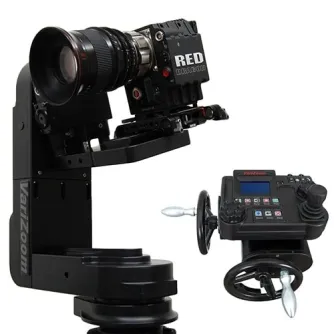 VariZoom VZCINEMAPRO-K1 kinomākslas kustības kontroles galva ar uzstādītu RED kameru, aprīkota ar kodētiem riteņiem un profesionālu vadības konsoli precīzai 5-asī kustības kontrolei filmēšanā un raidīšanā