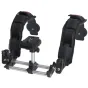 Varizoom CineRig modular shoulder support system featuring dual counterbalance design, adjustable straps, and detachable weights for stabilizing DSLRs and HD cameras
