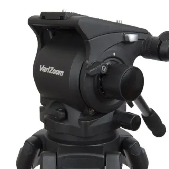 VariZoom VZFH100 fluid tripod head with adjustable drag knobs for pan and tilt control, telescoping handle, and 100mm half-ball mount for cameras up to 10 kg