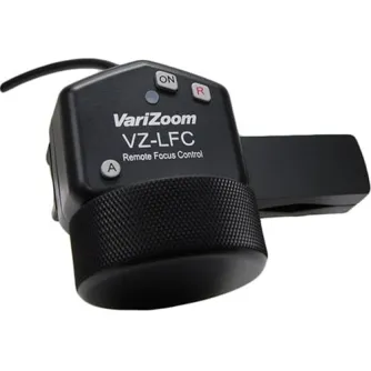 VariZoom VZ-LFC remote follow focus for Canon C100/C300 featuring an aluminum focus knob, ON/OFF switch, record indicator light, and a rubberized grip.