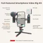 SmallRig 3384D all-in-one smartphone video kit featuring LED light, cold shoe holder, side handles, windproof microphone, shock absorber support, 2-in-1 USB-C PD adapter, universal mobile phone cage, and tripod for professional 