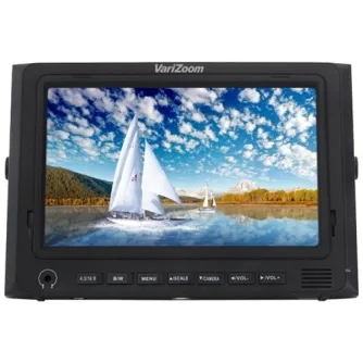 Varizoom VZM7 7 colu HDMI monitors ar 1024x600 izšķirtspēju, priekšējā skata attēls ar iekļauto displeju, krāšņiem toņiem un vadības pogām spilgtuma, kontrasta, izvēlnes navigācijas, attiecības, kameras iestatījumu un skaļuma re